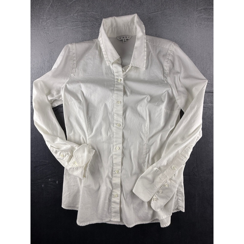 Cabi White Button Down Shirt Womens 12 Long Sleeve Cotton Blend Blouse 582